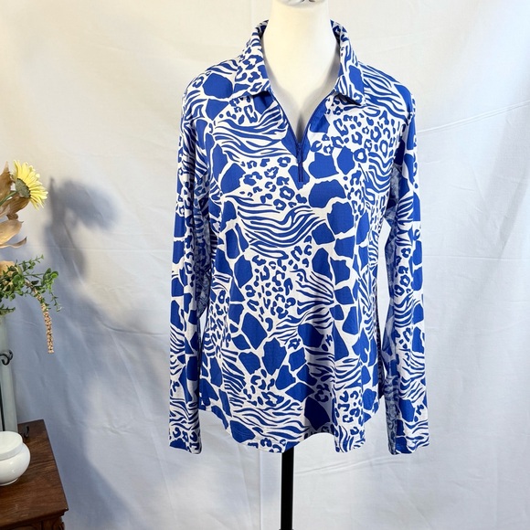 IBKUL Bianca Royal Blue Print Long Sleeve Quarter Zip  Golf Shirt Sz Large🧡 - Picture 2 of 11